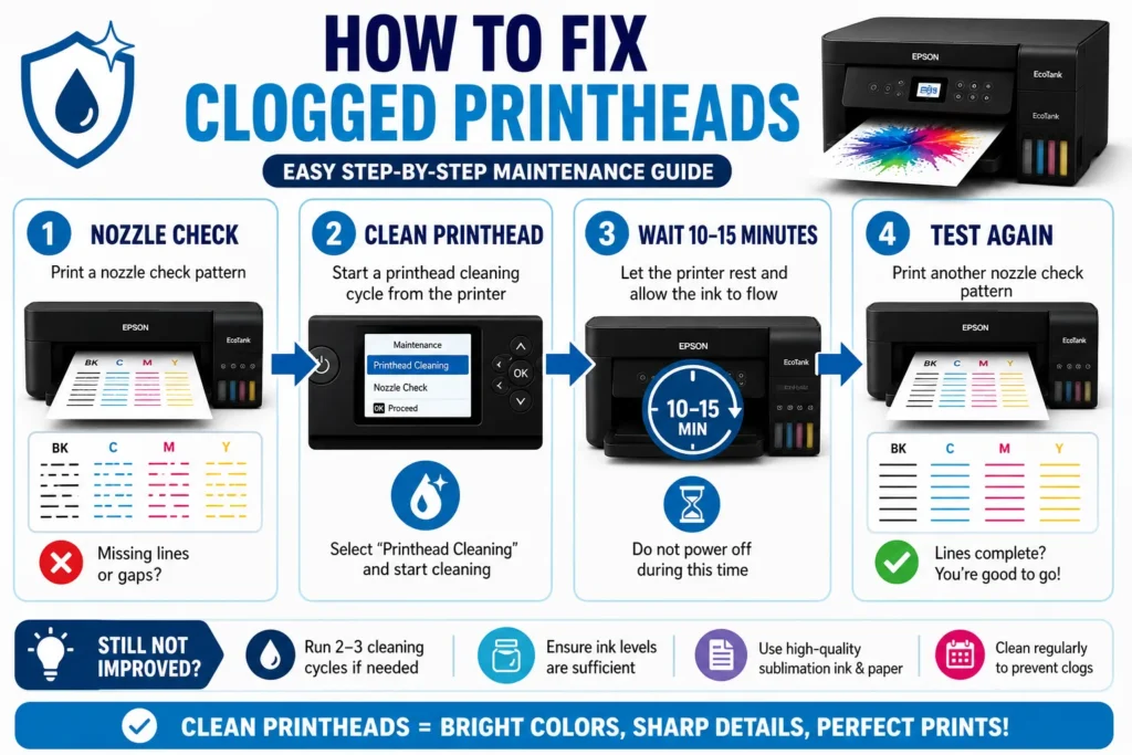 Infographic showing nozzle checks and cleaning steps for clogged sublimation printheads.
