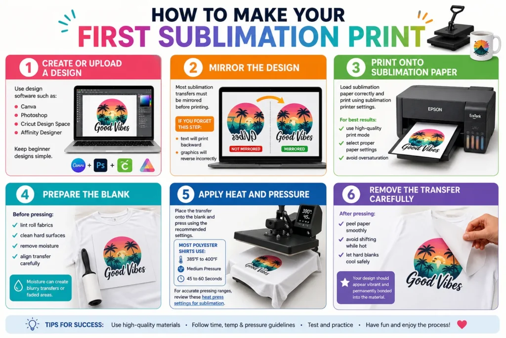 A six step info guide of Make Your First Sublimation Print.