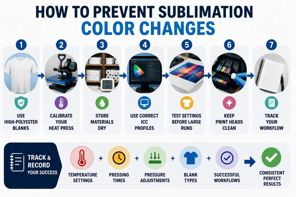 A step by step info graphic that show How to Prevent Sublimation Color Changes
