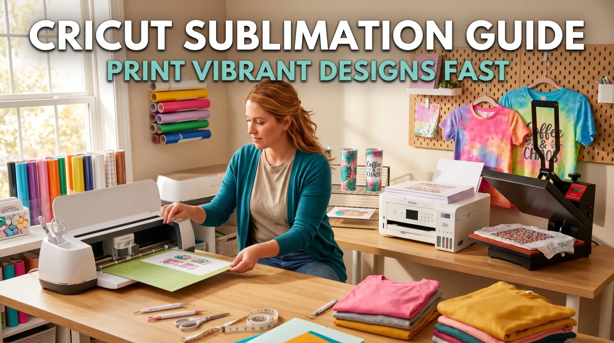 Woman using Cricut Design Space with a sublimation printer and heat press while creating colorful shirt transfers.