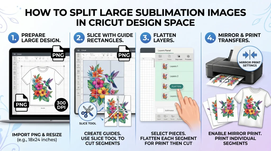 Infographic showing Cricut Design Space steps for splitting large sublimation image sections.