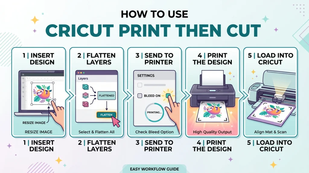 A step by step info guide for How to Use Print Then Cut on Cricut.