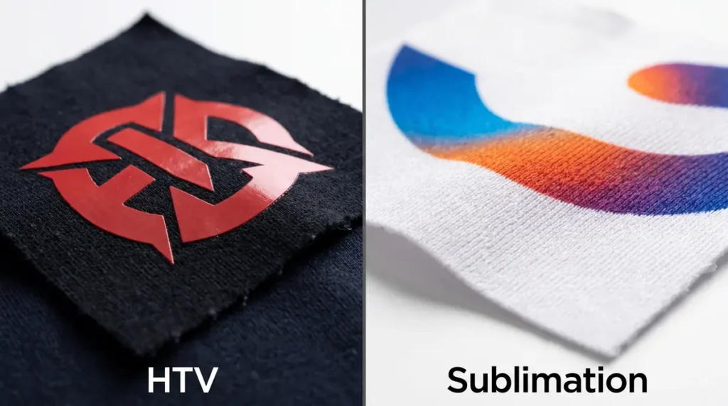 Close-up comparison of raised HTV texture and smooth sublimation print texture.
