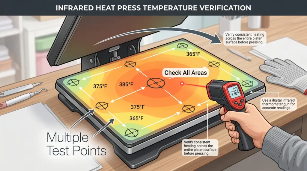 Person using digital infrared thermometer on heat press showing various temperature test points