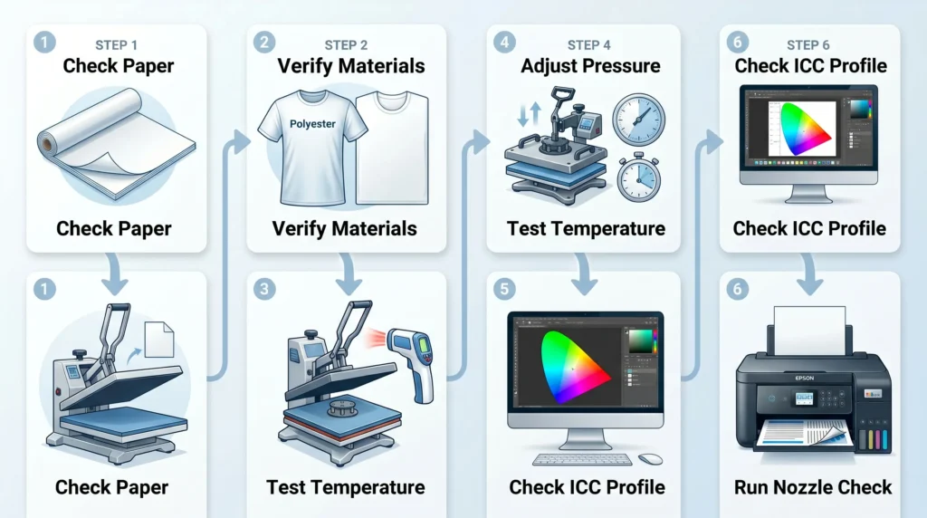 Minimal infographic showing six sublimation troubleshooting steps with printer and heat press visuals.
