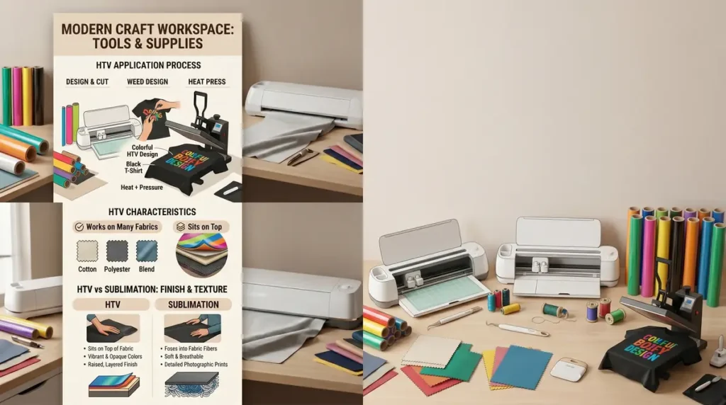 Craft workspace with heat press, vinyl cutting machines, colorful vinyl rolls, and fabric samples