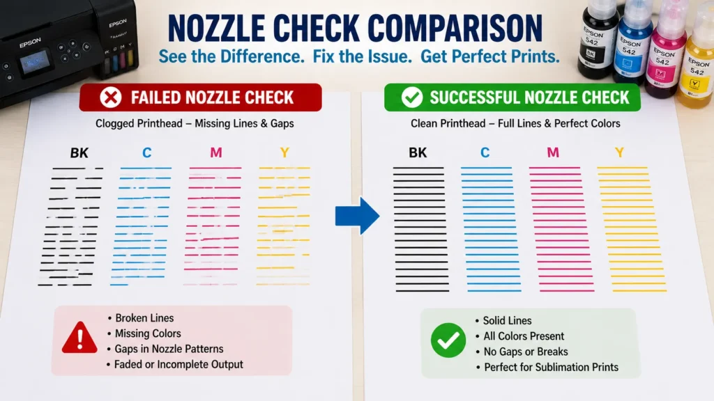 Comparison of failed nozzle check lines beside a corrected full-color nozzle pattern.