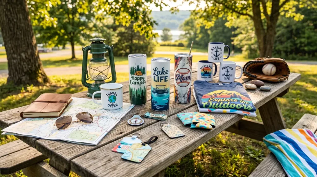 Picnic table with mugs, tumblers, notebook, sunglasses, patch, and camping gear outdoors