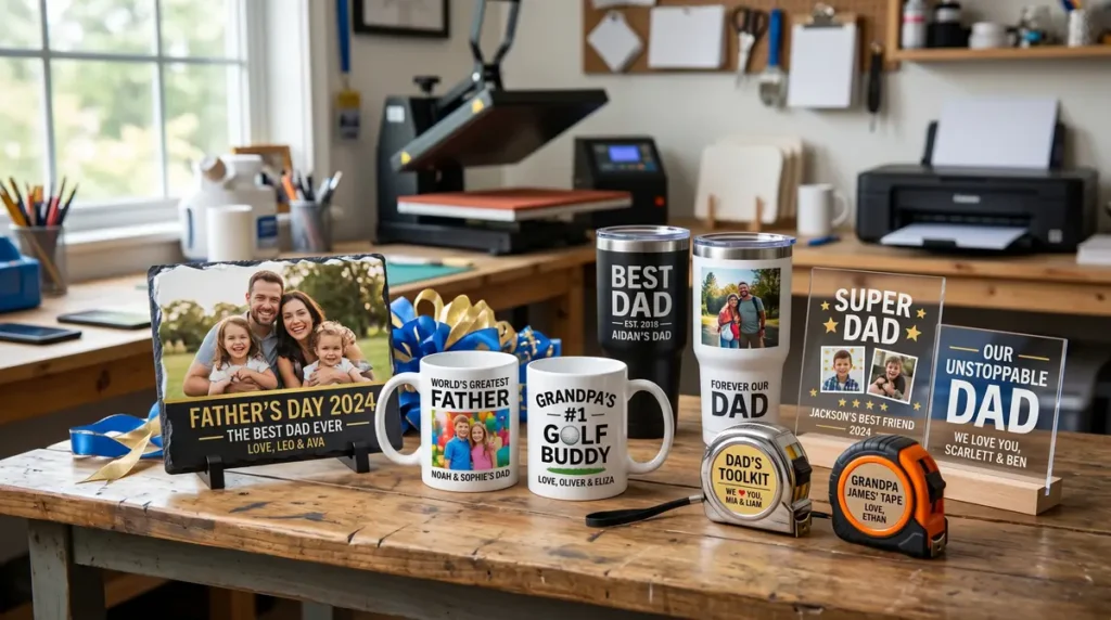 Assorted personalized Father's Day sublimation gifts including mugs, tumblers, photo plaques, and tape measures on a wooden table