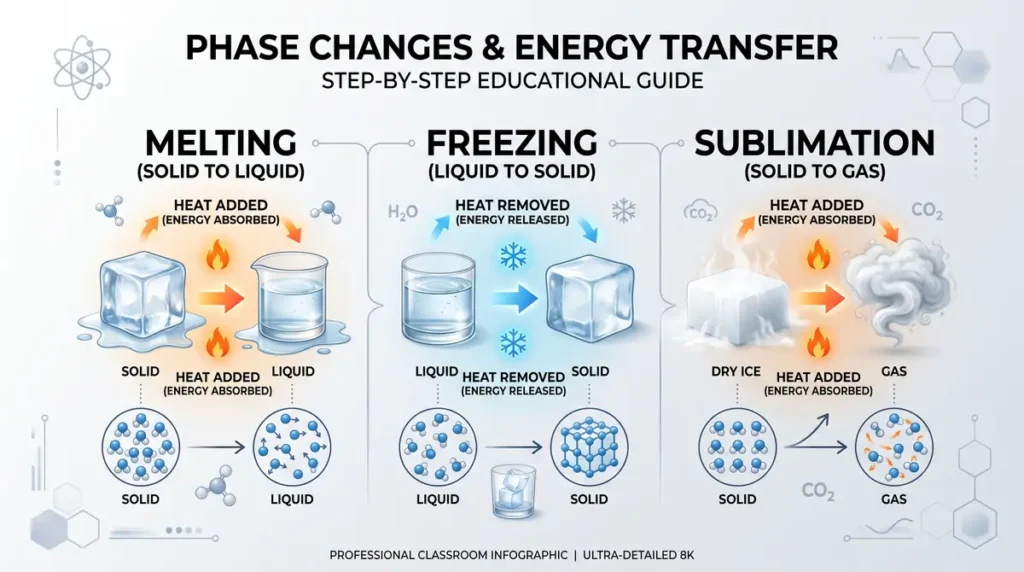 Diagram showing melting, freezing, and sublimation phase changes with heat transfer details