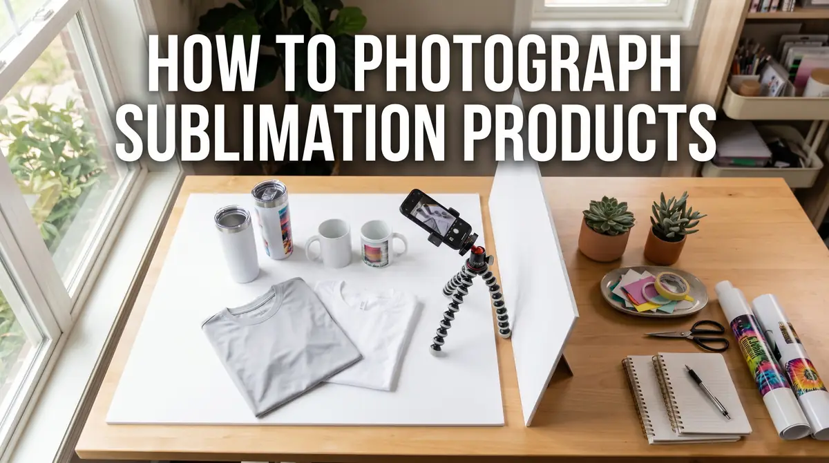 Table with sublimation products including mugs, tumblers, t-shirts, camera on tripod, and accessories