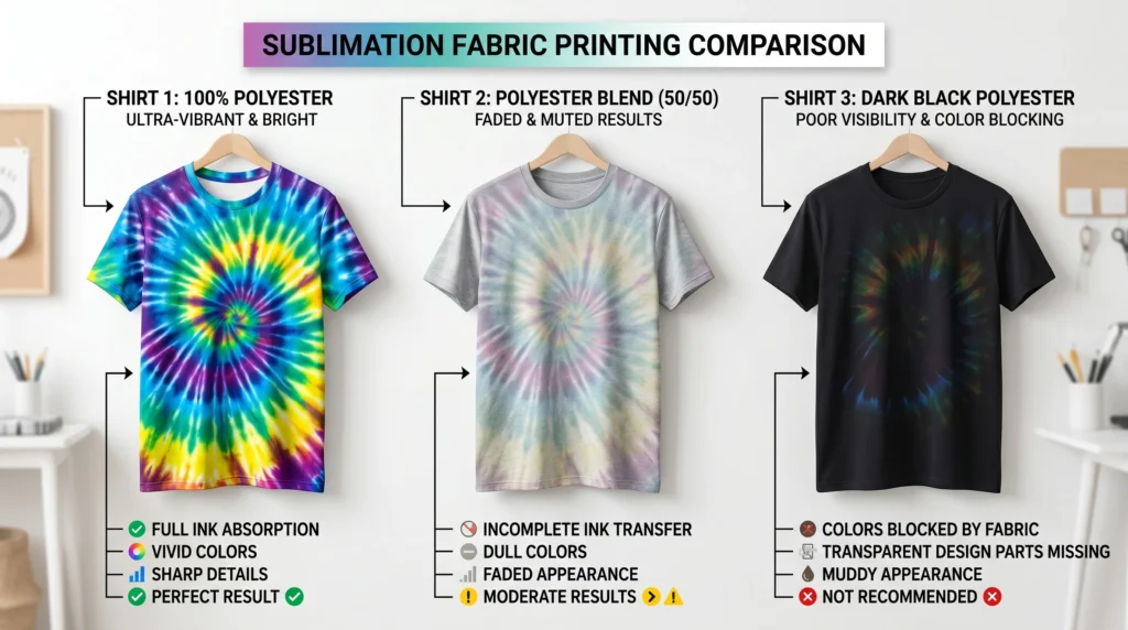 Comparison of sublimation results on polyester, blended, and dark fabric shirts.