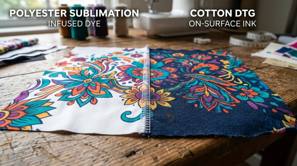 Close-up comparison of polyester sublimation fabric and cotton DTG printed apparel textures.