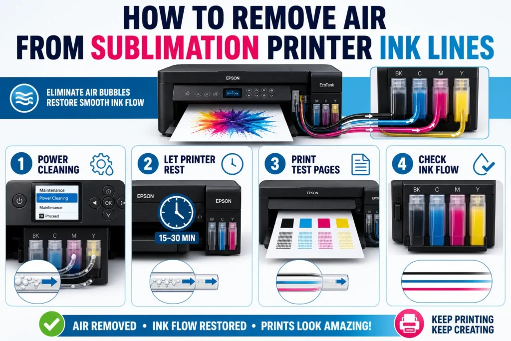 Infographic showing steps to remove air from sublimation printer ink lines.