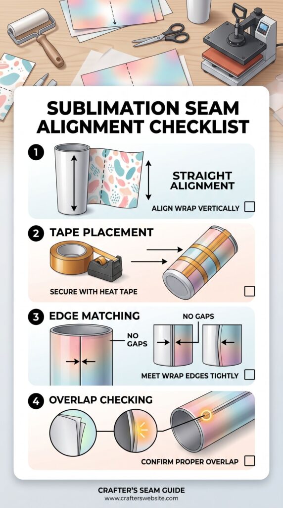 Printable sublimation seam alignment checklist for tumbler wrap positioning.