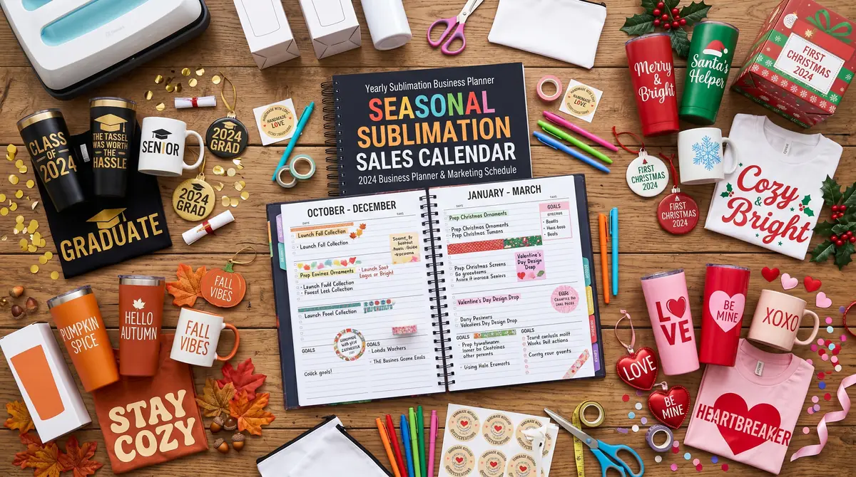 Open yearly sublimation business planner surrounded by mugs, cups, shirts, and seasonal decorations