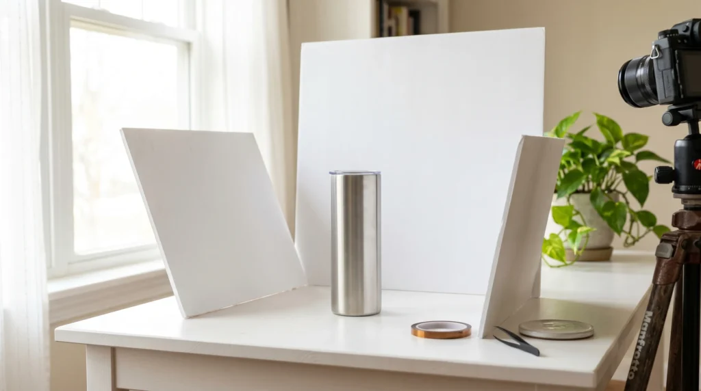 Simple sublimation tumbler photography setup with white foam boards near bright window.