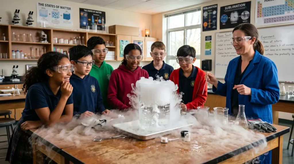 Group of students and teacher wearing safety goggles watching dry ice experiment with fog