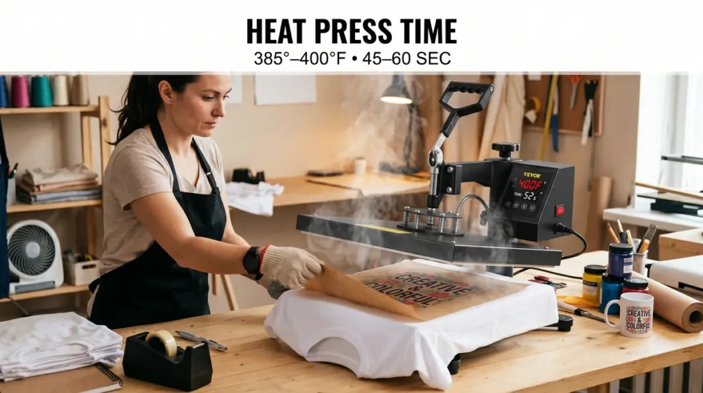 A woman operating a heat press machine to transfer a colorful design onto a white t-shirt
