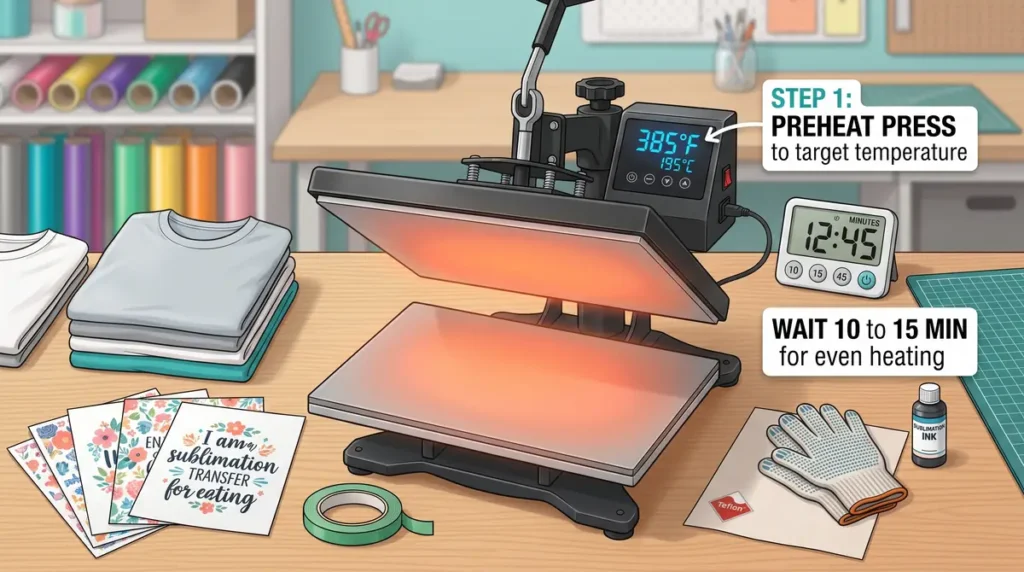 Heat press machine heating up with timer, gloves, ink bottle, and printed sublimation sheets on table