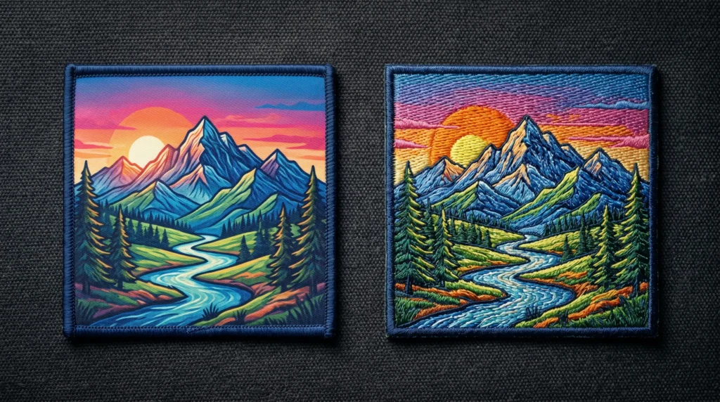 Sublimated patch beside embroidered patch showing texture and print detail differences.