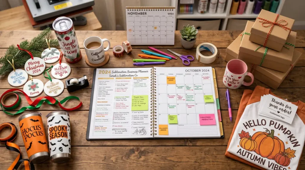Open 2026 sublimation business planner on wooden table with seasonal mugs, decorations, calendar, and gift boxes