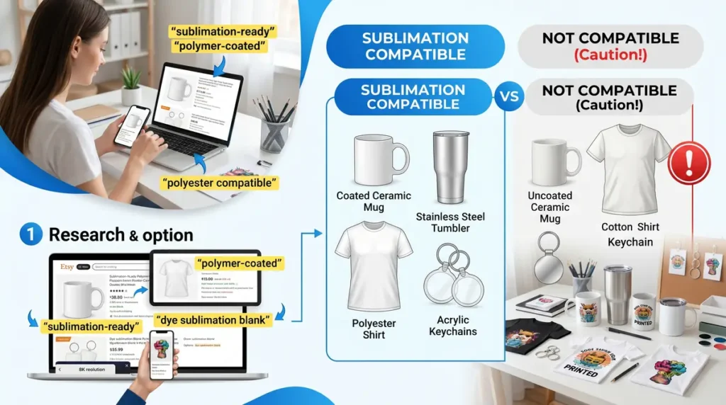 Infographic showing sublimation compatible items like coated ceramic mug, stainless steel tumbler, polyester shirt, acrylic keychains, and non-compatible items like uncoated ceramic mug, cotton shirt, and keychain