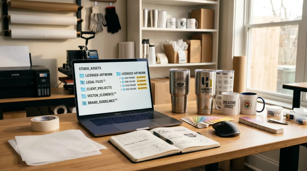 Sublimation workspace with legal design files, tumblers, and copyright warning graphics.