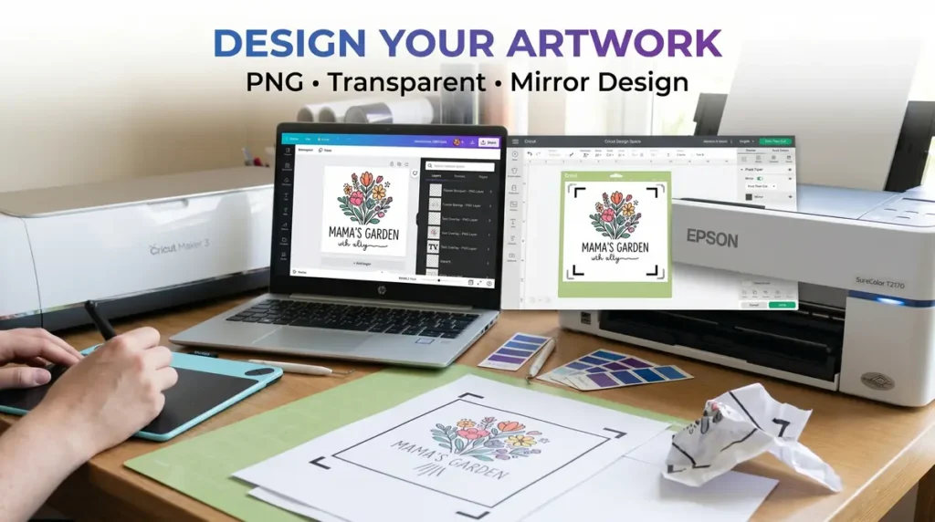 Crafting workspace with hands using a tablet, laptop and printer showing floral design artwork
