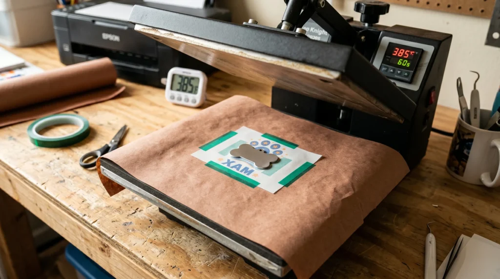 Dog tag sublimation setup inside heat press with transfer and butcher paper.