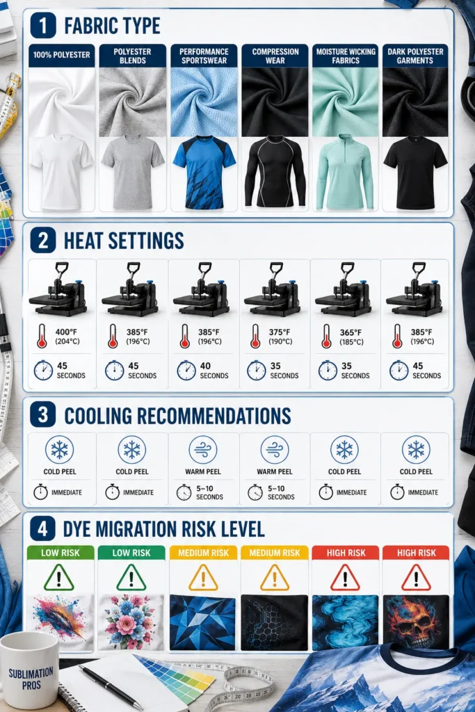 Sublimation fabric heat settings and dye migration reference infographic.