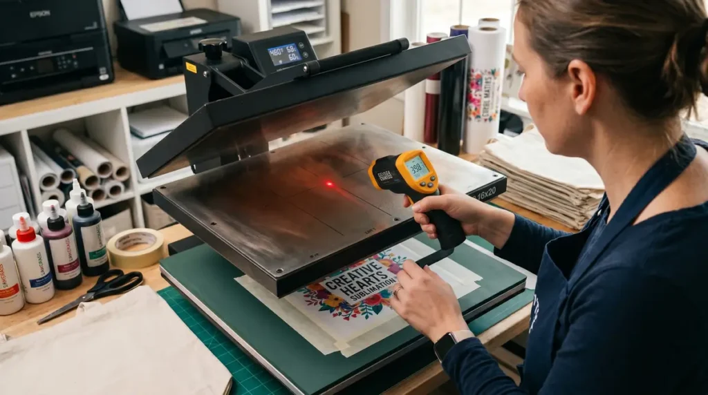 Woman measuring temperature on a heat press machine preparing for sublimation printing