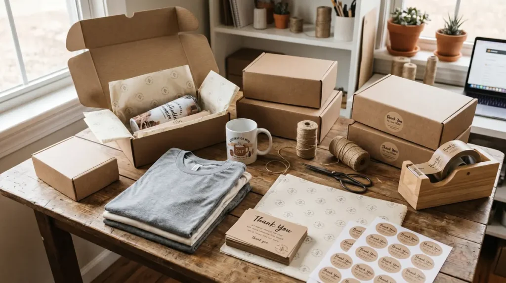 Sublimation packaging setup with boxes, mugs, t-shirts, thank you cards, and wrapping materials on wooden table