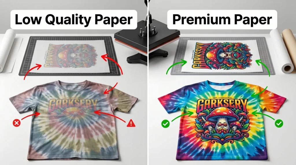 Comparison of low-quality and premium sublimation paper transfer results on shirts.