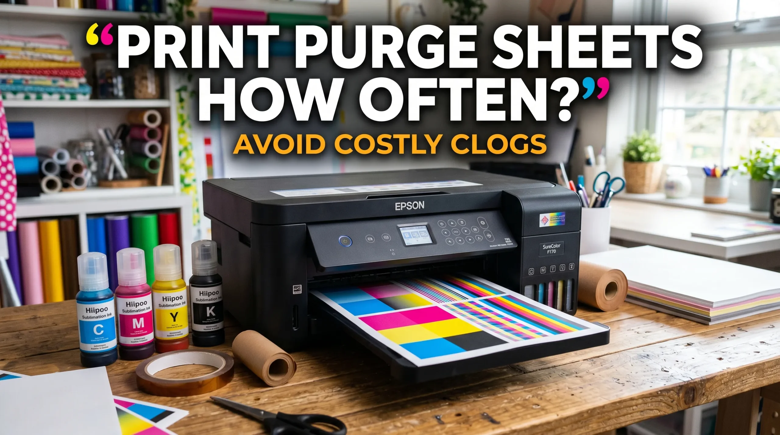 Sublimation printer printing a colorful purge sheet in a crafting workspace with maintenance tools visible beside the printer.