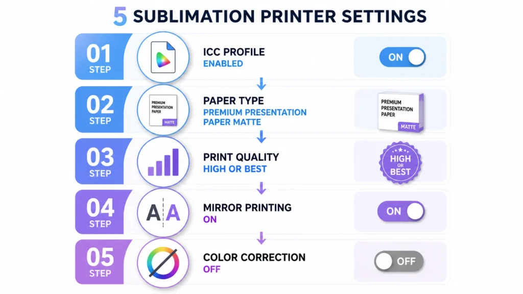 Minimal infographic showing five sublimation printer settings with simple step-by-step icons.