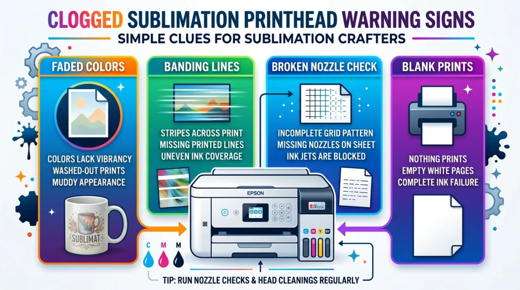 Easy-to-read infographic showing faded colors, streaks, and blank prints from clogged printheads.