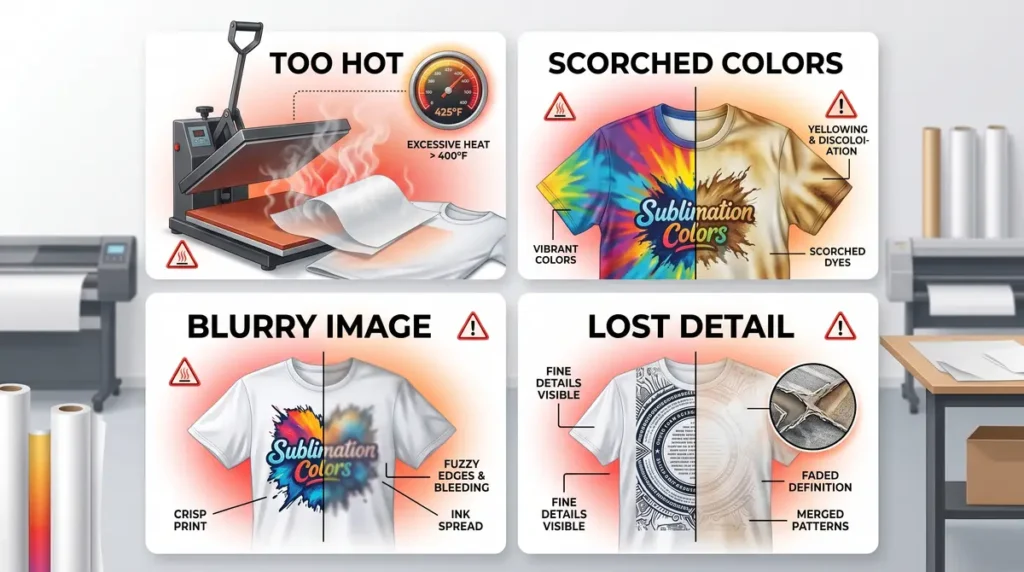 Infographic showing sublimation printing problems including too hot heat press, scorched colors, blurry image, and lost detail