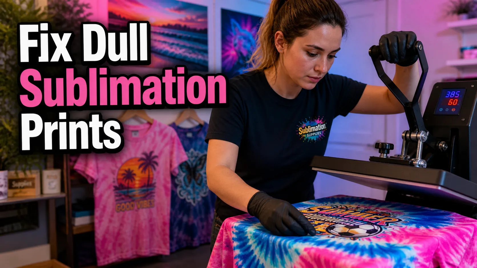 Crafter using a heat press to create a bright tie-dye sublimation shirt in a home sublimation workspace.