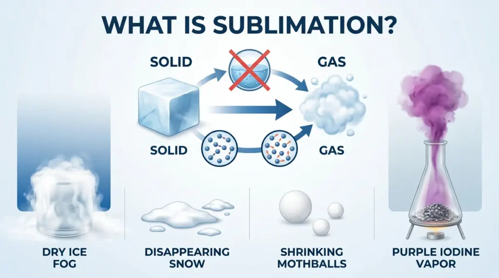 Diagram showing sublimation process from solid to gas with examples of dry ice fog, disappearing snow, shrinking mothballs, and purple iodine vapor