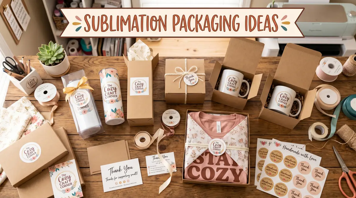 Various sublimation product packaging with labels and ribbons on a wooden table