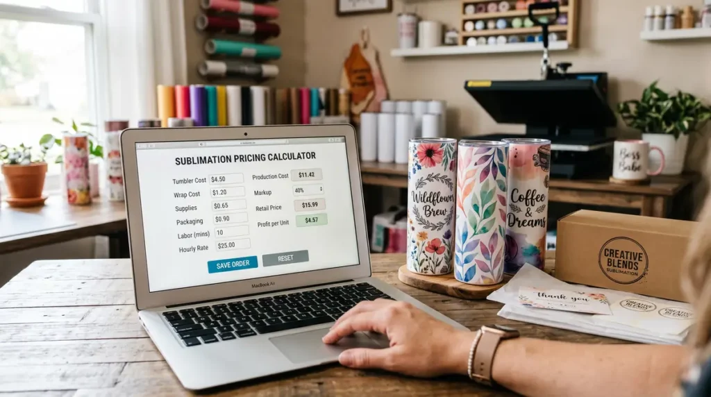 Laptop showing sublimation pricing calculator next to colorful custom sublimation tumblers on wooden table