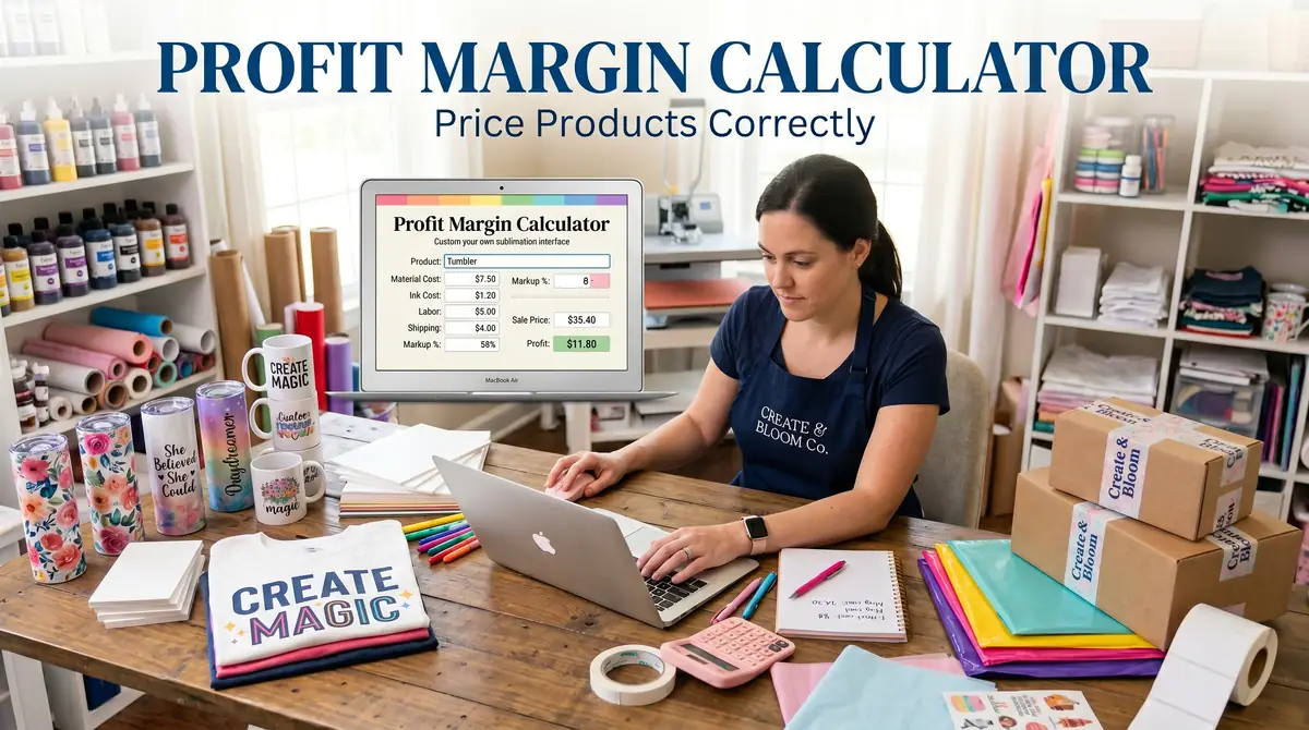 Woman working on laptop with sublimation profit margin calculator interface and craft supplies on table