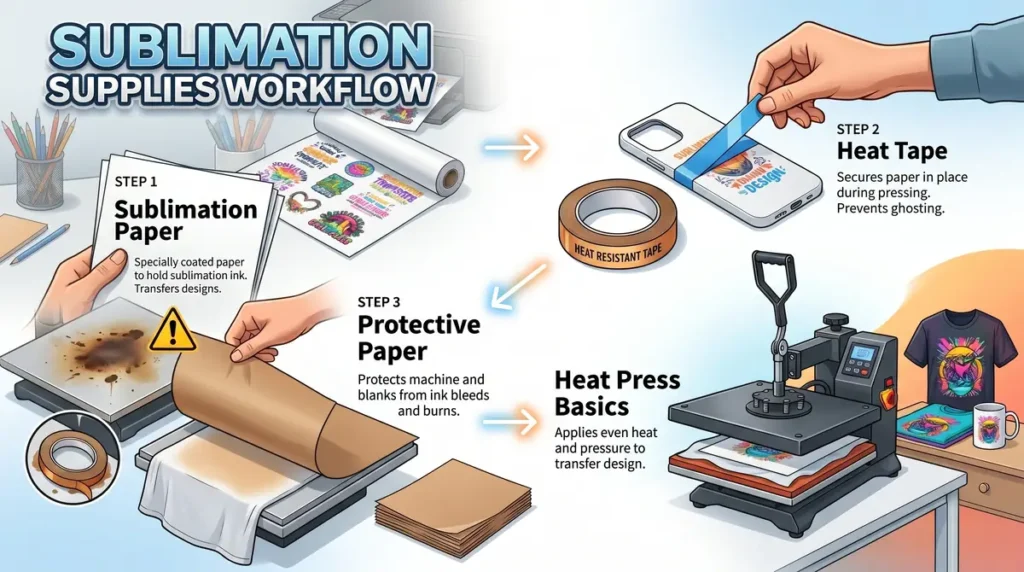 Diagram showing the workflow of sublimation supplies including sublimation paper, heat tape, protective paper, and heat press basics