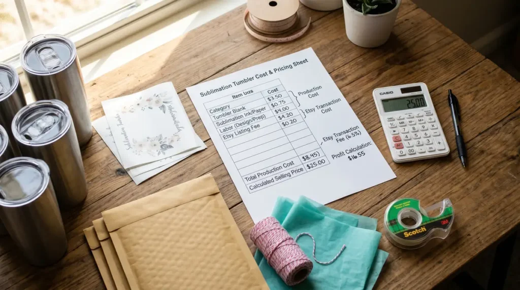 Close-up of sublimation tumbler pricing sheet with cost breakdown and calculator on wooden table