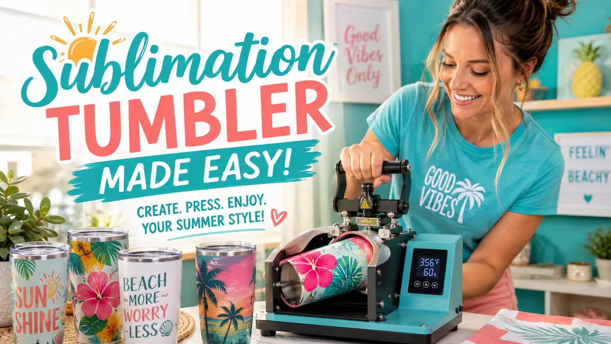 Woman operating a sublimation tumbler press with floral and beach themed tumblers on a table