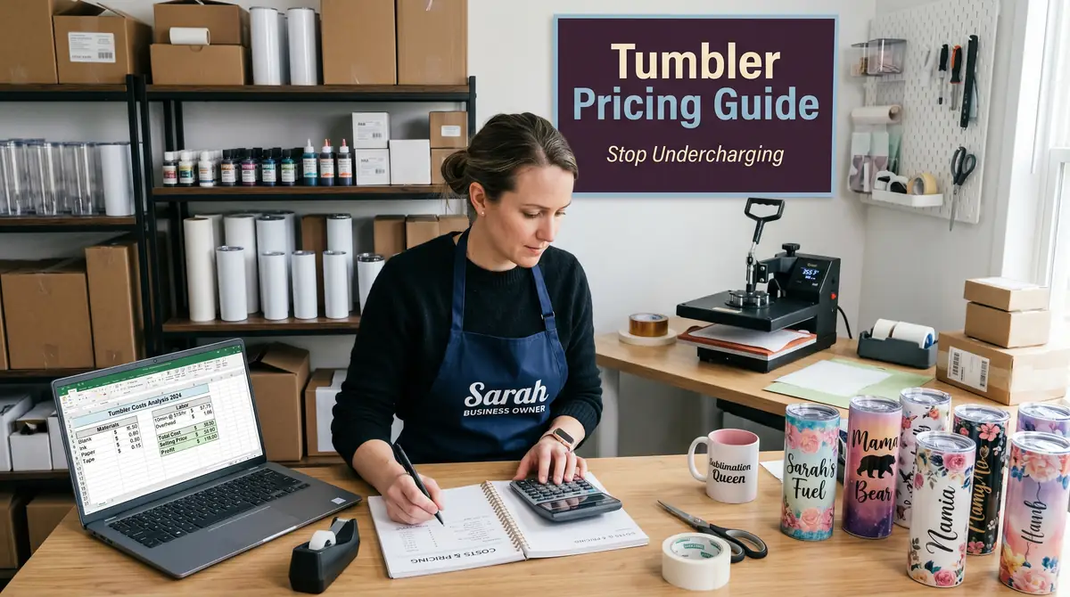 Woman wearing apron calculating costs with laptop and sublimation tumblers on desk