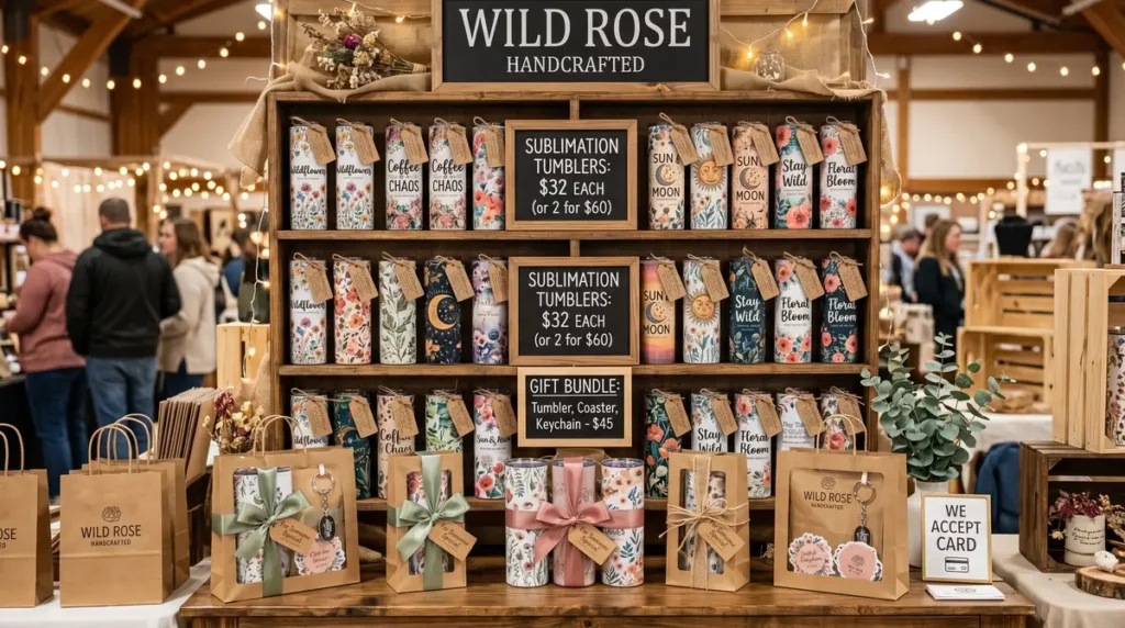 Wooden display shelf showing a variety of handcrafted sublimation tumblers with floral and sun moon designs with price tags