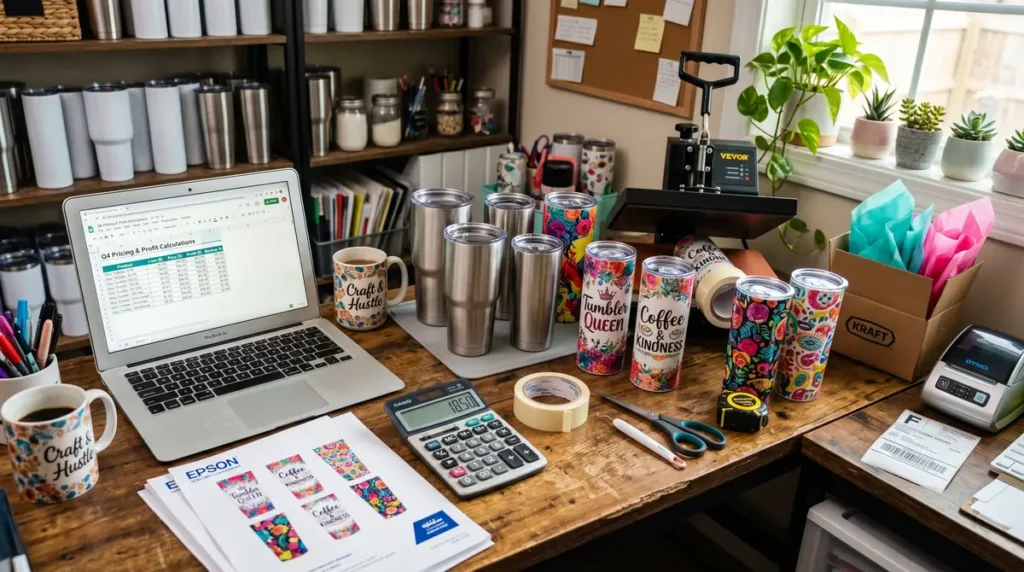 Desk with sublimation tumblers, laptop, calculator, and printing materials for item pricing
