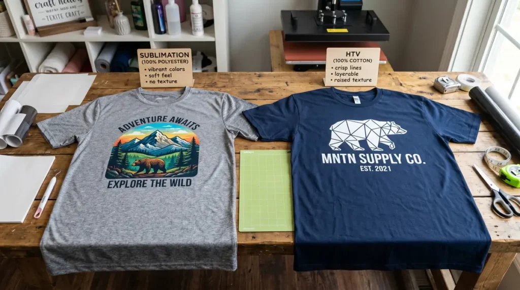 Gray t-shirt with colorful mountain and bear design next to navy blue t-shirt with white geometric bear print